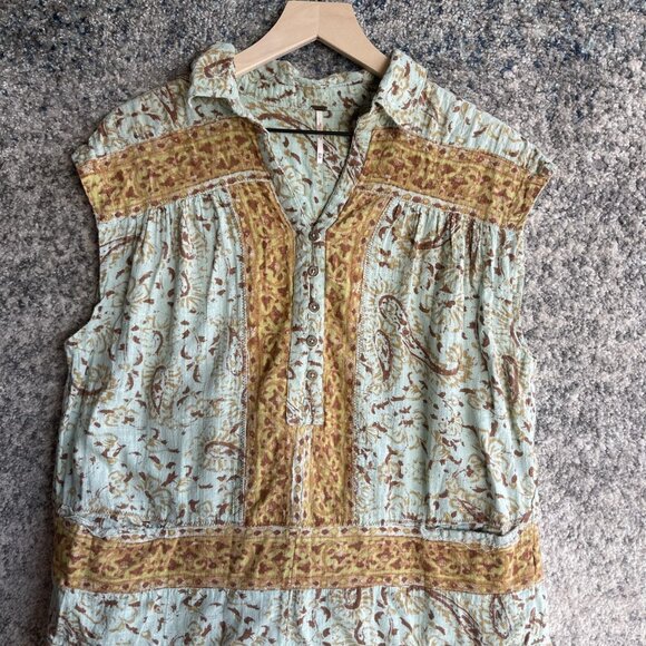 Free People Shirt Womens XS Blue Yellow Boho Floral Print Cap Sleeve Button Top - Picture 1 of 7